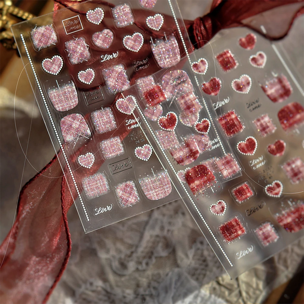 1 Uds. De pegatinas para uñas con textura de lana dulce, rejilla de corazón, collar de perlas francesas de amor a cuadros, calcomanías para uñas, deslizadores de manicura de estilo coreano Y2K