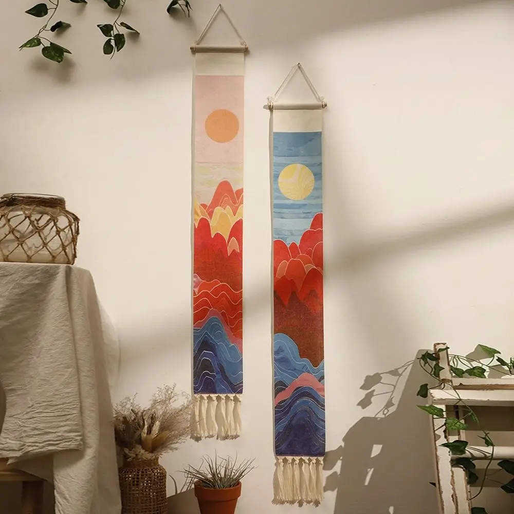 Handmade Macrame Tapestry Wall Hanging Chinese Style Sunset Wall Tapestries Vertical Narrow Wall Hanging Ornament Bedroom