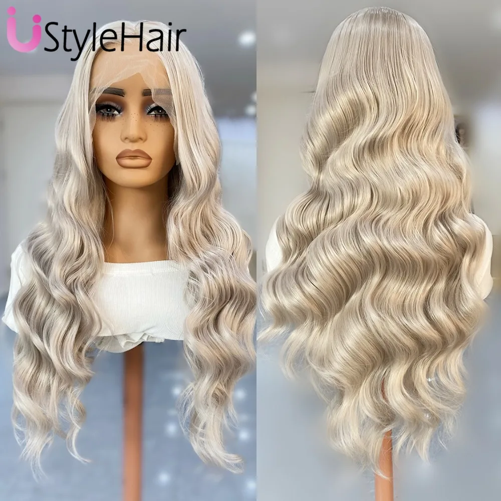 Ash Blonde Long Body Wave Wig Synthetic Lace Front Wig for Women Heat Resistant Fiber Natural Hairline Daily Wear Cospaly Wigs