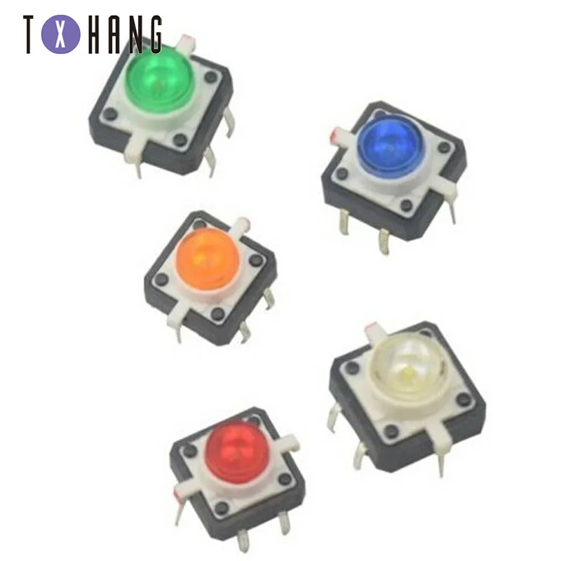 5PCS 1 set 12X12 Tactile Push Button Switch Momentary Tact LED 5 Color 12X12mm 12*12mm 50MA diy electronics