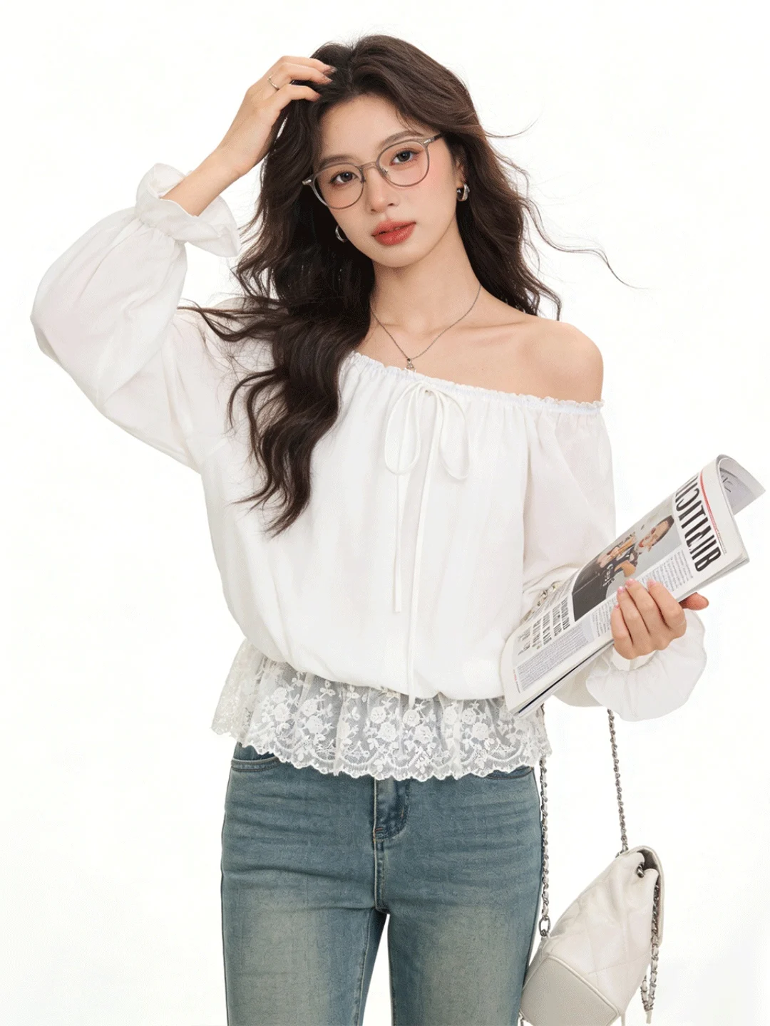 

Женский топ с цветочным принтом в корейском стиле, свободного кроя, с открытыми плечами и кружевными вставками, премиум-качество