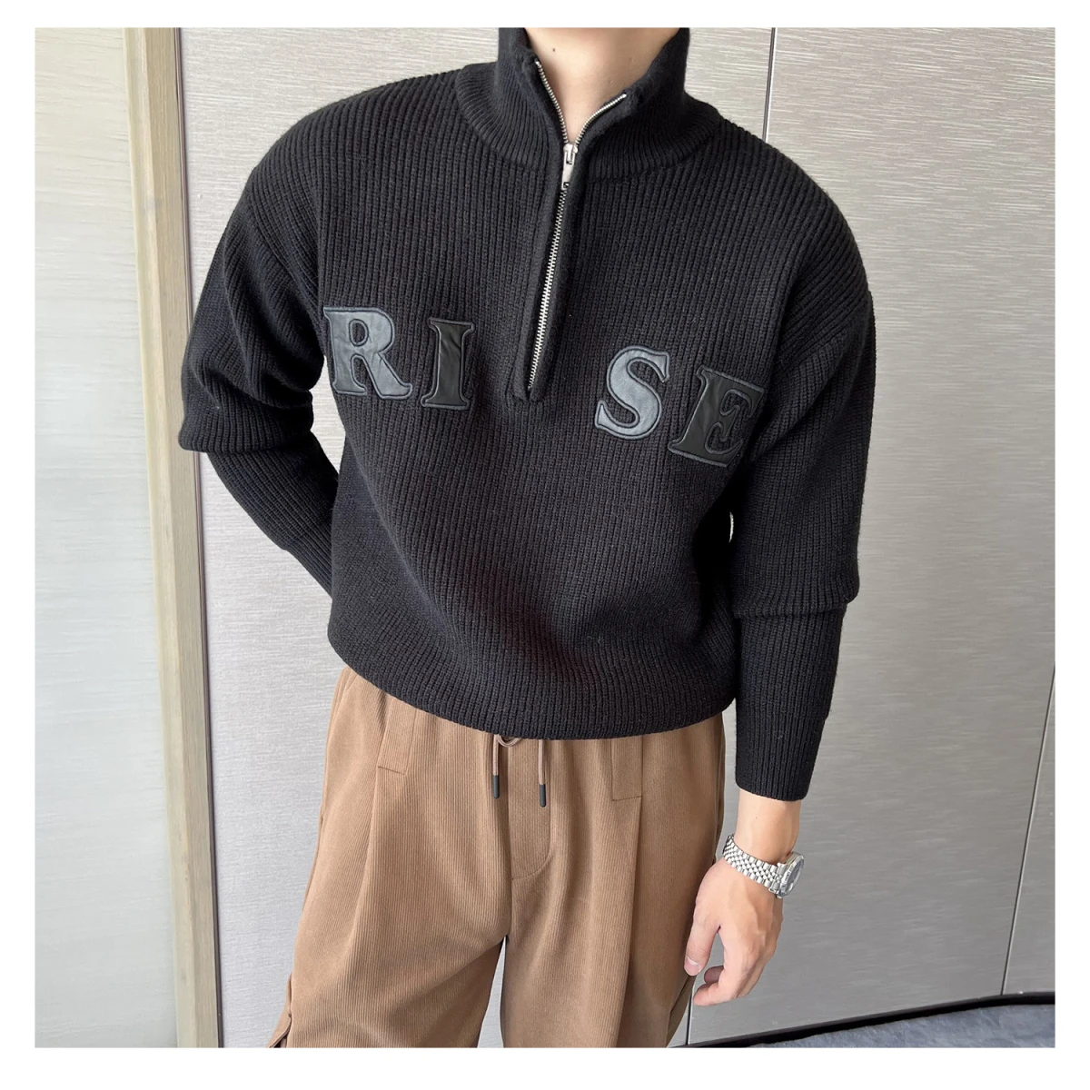 2025 Winter Warm Half Turtleneck Zipper Knitted Sweater Men Korean Fashion Embroidery Letter Logo Loose Casual Pullover Men