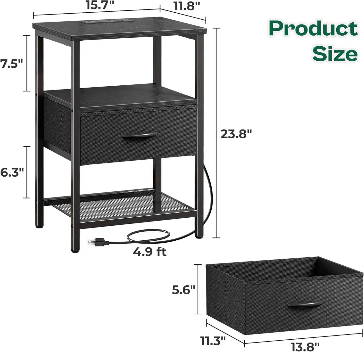 Nightstand with Nightlight and Charging Station, LED Night Stand with Motion Sensor Light, Bedside Table with Fabric Drawer