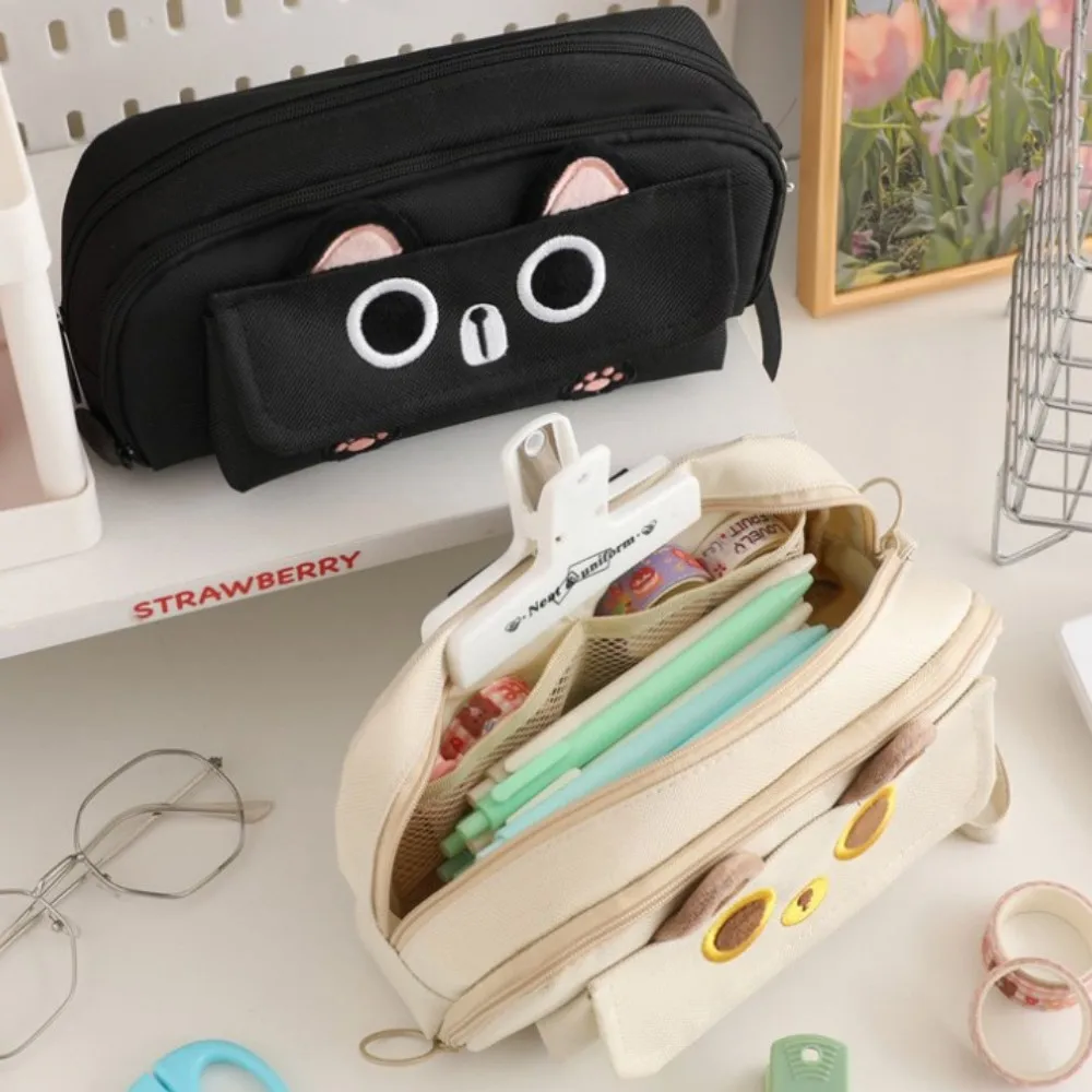 Embroidered Black Cat Pencil Case 4 Layer LargeCapacity Student Stationary Boxes Portable Pen Storage Bag Office School Supplies