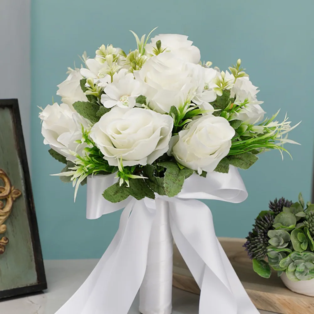 Rosa branca buquês de flores para casamento, dama de honra, Dia dos Namorados, Igreja, Decoração do lar, Proposta Prop