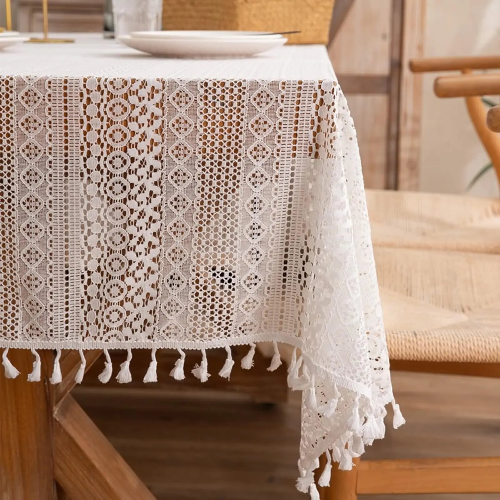 Beige Tischdecke Party, Tischdecke, moderne Baumwolle, hohle Spitze, Blume mit Quaste, rechteckige Tischdecke für Hochzeit, Geburtstag