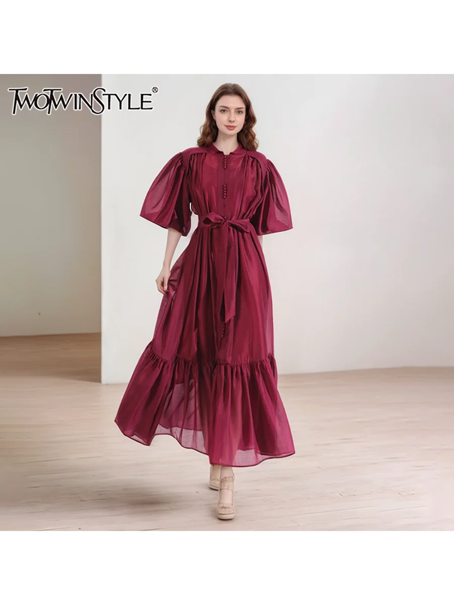 TWOTWINSTYLE Patchwork Lace Up A Line Dresses For Women Round Neck Lantern Sleeve High Waist Temperament Dress Female Fashion