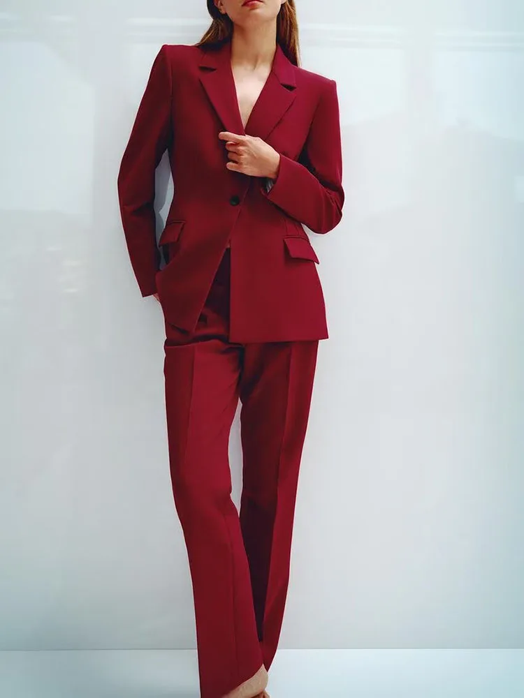 

Spring New Women's Slim Fit oulder Pad Suit Jaet with Turn-down Collar And Flared Pants Faionable Two-piece Set Long Sl...