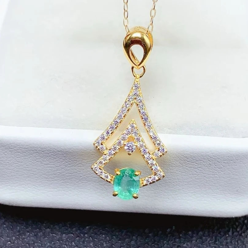 

925 Sterling Silver Natural Emerald Pendant with Certificate 0.3ct 5*4mm Emerald Silver Pendant with 3 Layers 18K Gold Plating
