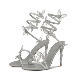 Aneikeh 2026 Fashion Sexy Shiny Crystal Rhinestone Butterfly Flower High Heels Women Summer PU Round Head Sandals Wedding Dress