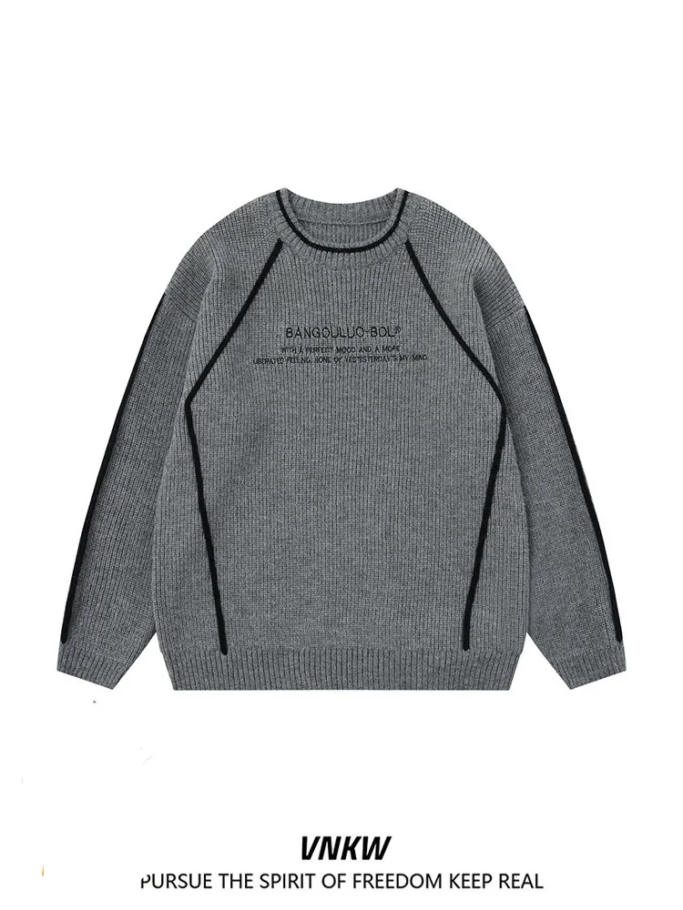 

Oversize American Contrast Color Letter round Ne Knitwear ex Casual Loose Fit Comfortable Long Sve Sweater