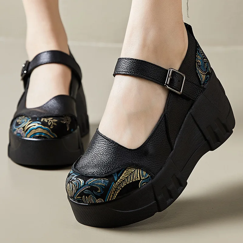 Concubine Beauty Head Layer Cowhide Fashion Retro Ethnic Style Mom Comfortable Thick Sole Versatile Buckle Small Single Shoes