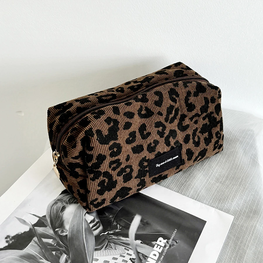 Grande feminino leopardo saco de cosméticos em forma de caixa zíper compõem saco de viagem lavagem organizador de maquiagem caso de beleza