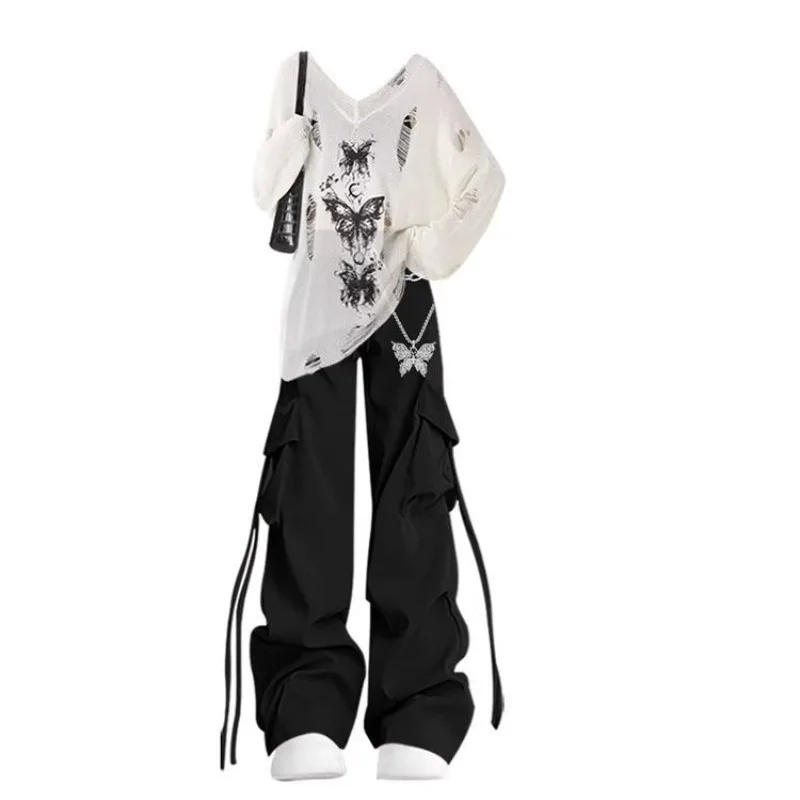 Women's Spring Summer Loose Hollow Out Butterfly T-Shirts Sling Cargo Pants Three Piece Set Lady Fashion Tops Vest Trousers Suit