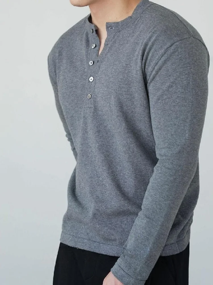 

Fall 2025 High-End Comfortable Men's Knitted Long Sve Henry Collar Simple Luxury Base irt Soft Fabric Regular Fit Faio...