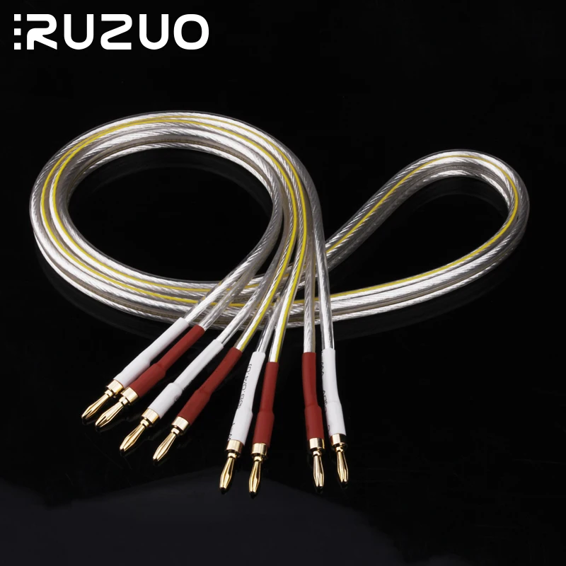 Hifi Silver Plated Speaker Cable 3.5mm Gold-Plated Banana Plug 4 to 4 Audio Cable for DVD,blu-ray, Decoder, CD player...Etc