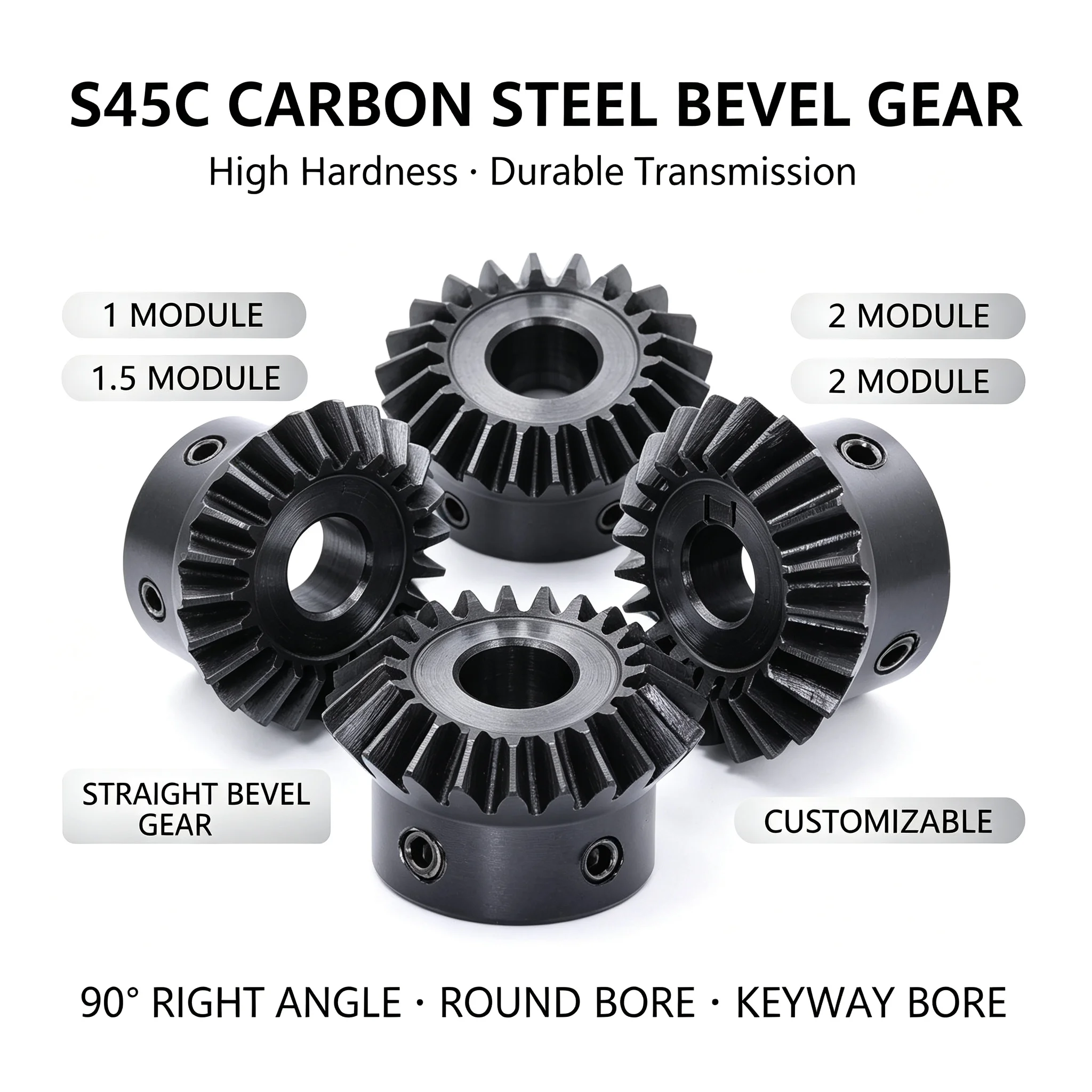 Bevel Gear, 90 Degree Bevel Gear, 1 Module / 1.5 Module / 2 Module, S45C Carbon Steel, Straight Bevel Gear