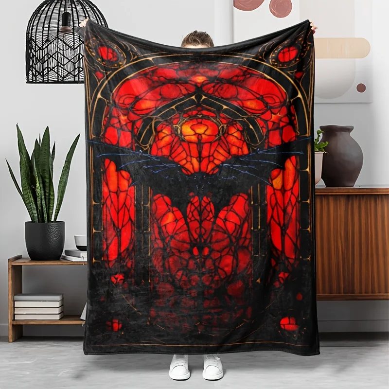 1pc Halloween Bat Print Flannel Blanket - Lightweight Soft Gothic Stained Glass Design Throw for Couch, Camping, Travel - All-Se