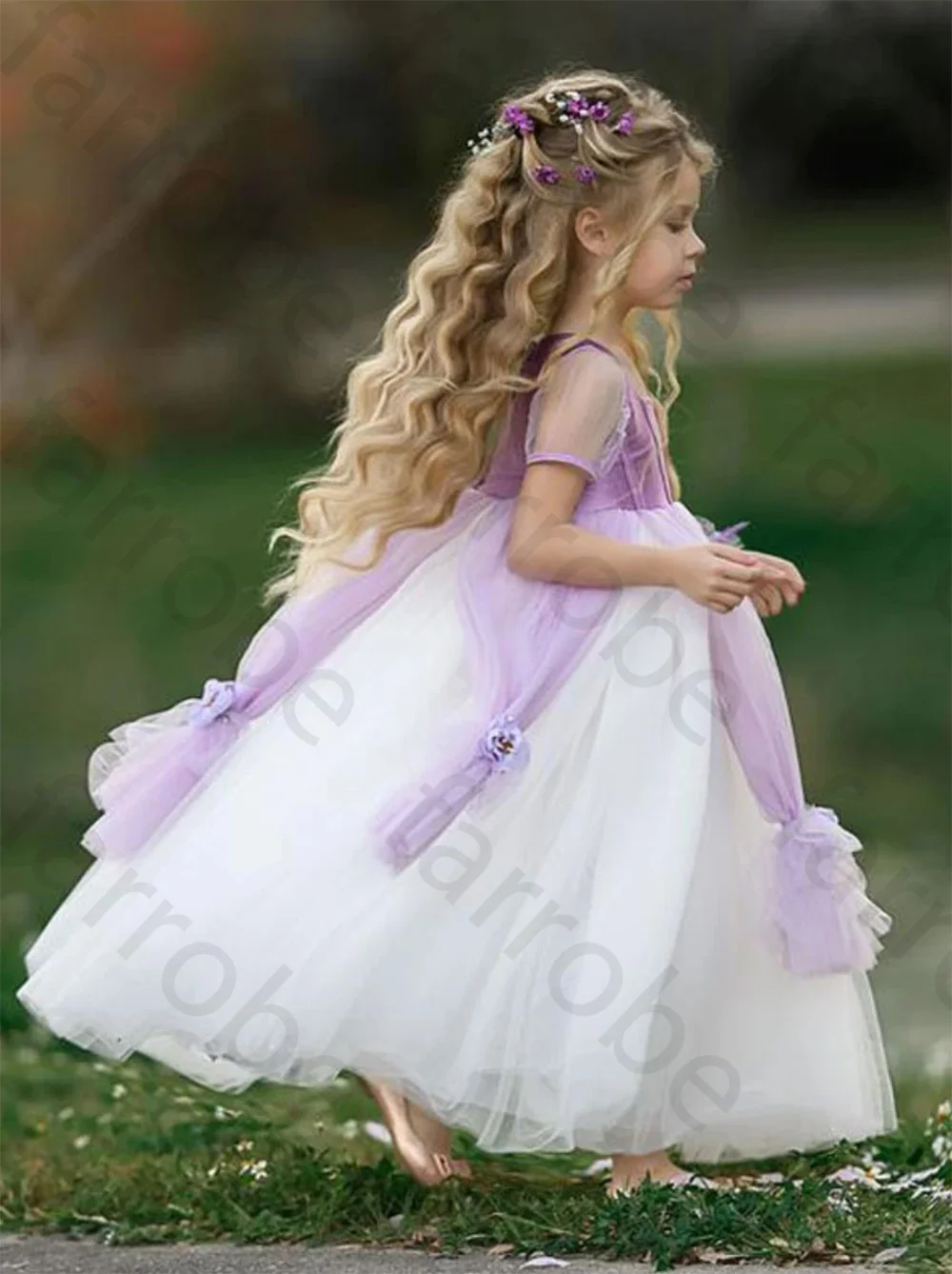 Robe de Princesse en Tulle pour Fille, Vêtement à la Mode Personnalisé, avec Fleurs 3D, Manches Cape, Violet, pour ixde Mariage, Anniversaire, Quelle que soit