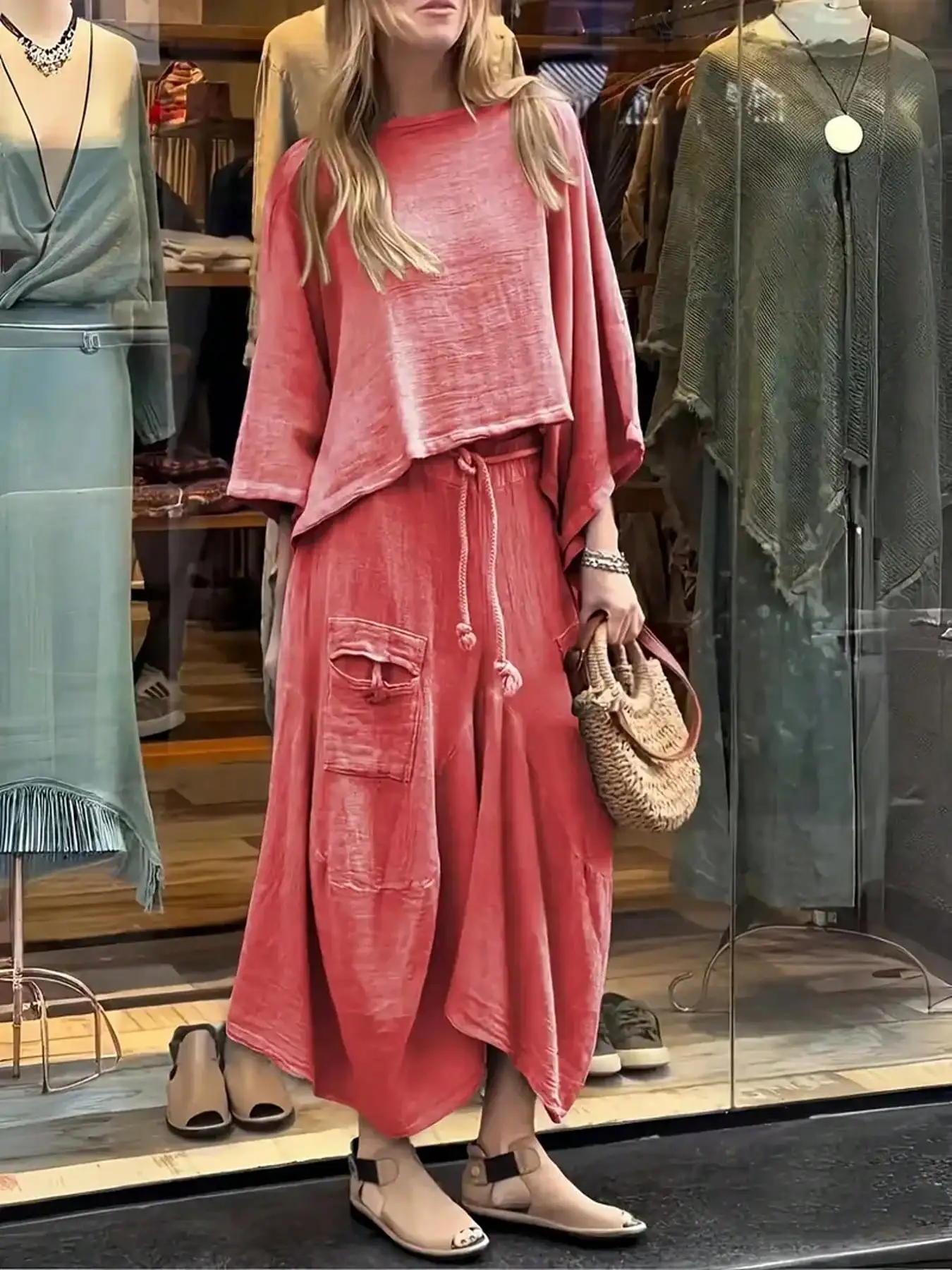 Women's Oversized Batwing Sleeve Pullover & Wide-Leg Pant Set with Pockets, Casual Boho Style