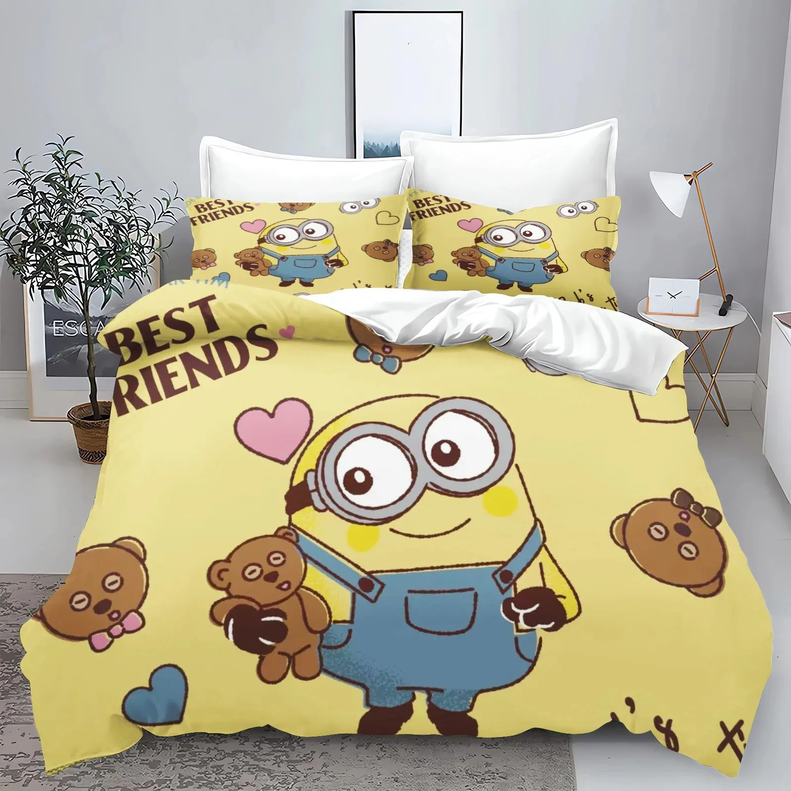 

Duvet cover pillowcase Minion bedding set Boys and girls home bedroom quilt set, queen size double bed three-piece set