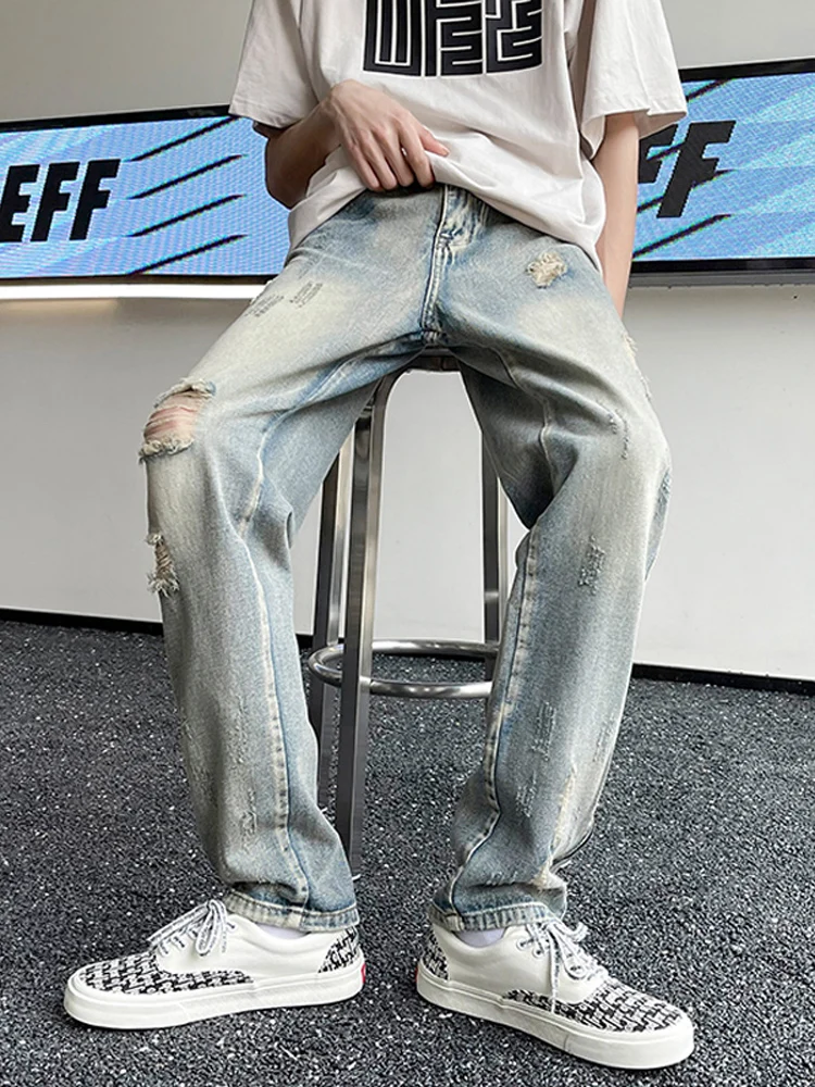 

Винтажные джинсы Slim Fit для мужчин, летние тонкие джинсовые брюки в стиле High Street, с дизайном с рваными дырками, молодежные модные прямые джинсы