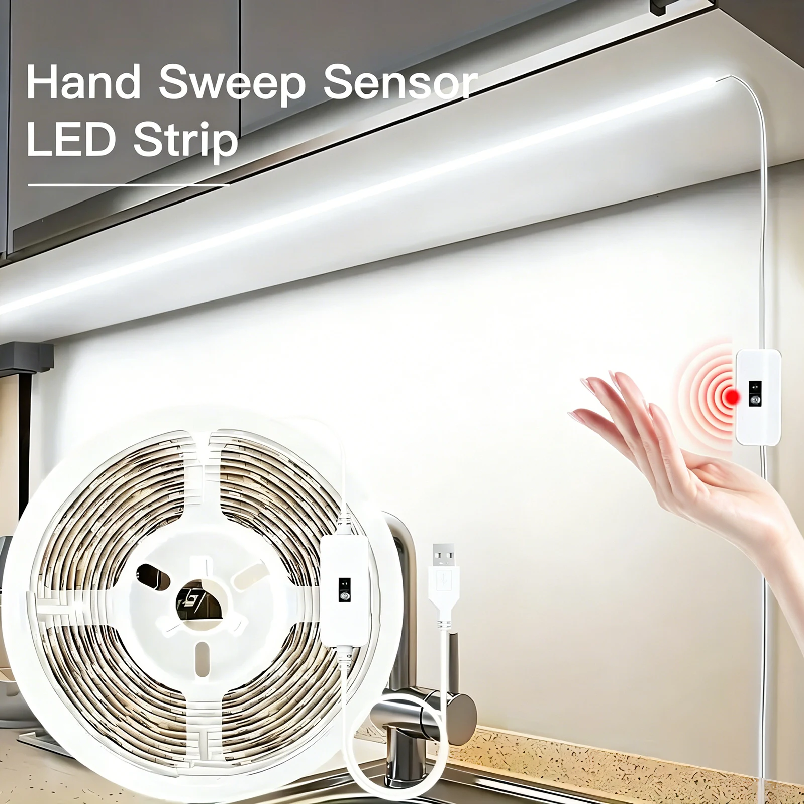Motion Sensor LED Strip Lights, Cool White LED Tape USB Powered 5V, Single Color Flexible Light Strip, Indoor DIY Decoration Lighting for Home Wardrobe Counter