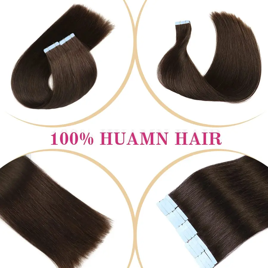 Tape-in-Extensions de cheveux humains pour femmes, cheveux raides brésiliens, 100% cheveux humains, brun foncé #2, 20 pièces