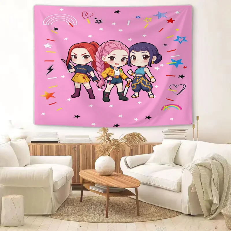Hasbro KPop Tapestry Cute Chibi Girl Group Pink Background Decor Wall Hanging For Girl Bedroom Living Room Dorm Home Wall Art
