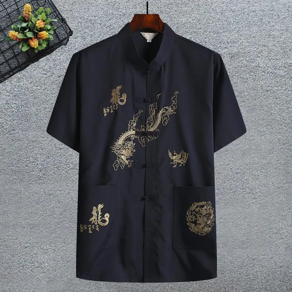 

Tangs Suit Top Embroidery Dragon Solid Color Stand Collar Short Sleeve New Year Wear Super Soft Chinese Kung Fu Wing Chun Garmen