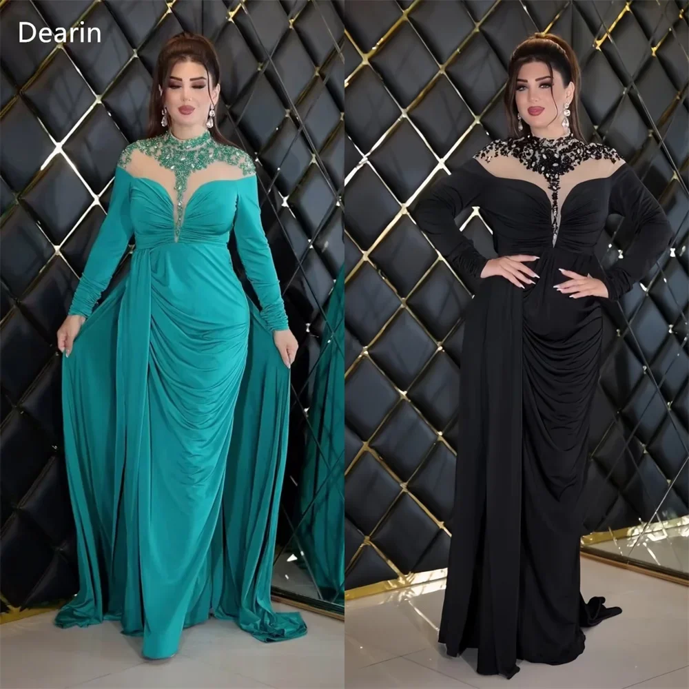 

Saudi Arabia Dearin High Collar Column Floor Length Skirts Draped Ruffle Tulle Beading Bespoke Occasion Dresses Prom Gown Evenin