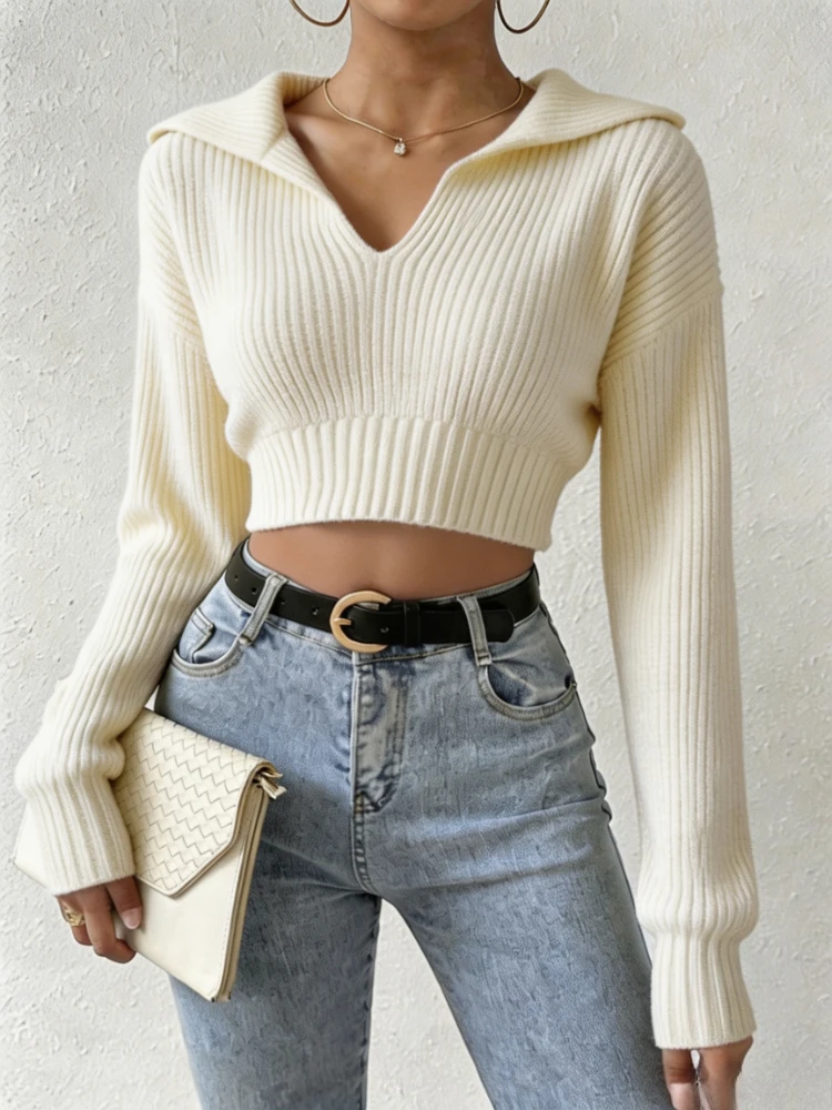 Crop Top Crochet - Women Cropped Knit Pullover Top Polo