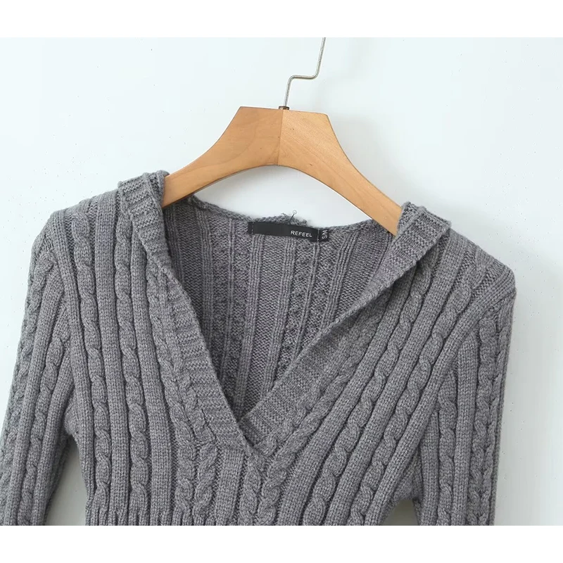 YENKYE-suéter con capucha de punto trenzado para mujer, Jersey corto ajustado de manga larga, color gris y blanco, Estilo Vintage, novedad de otoño