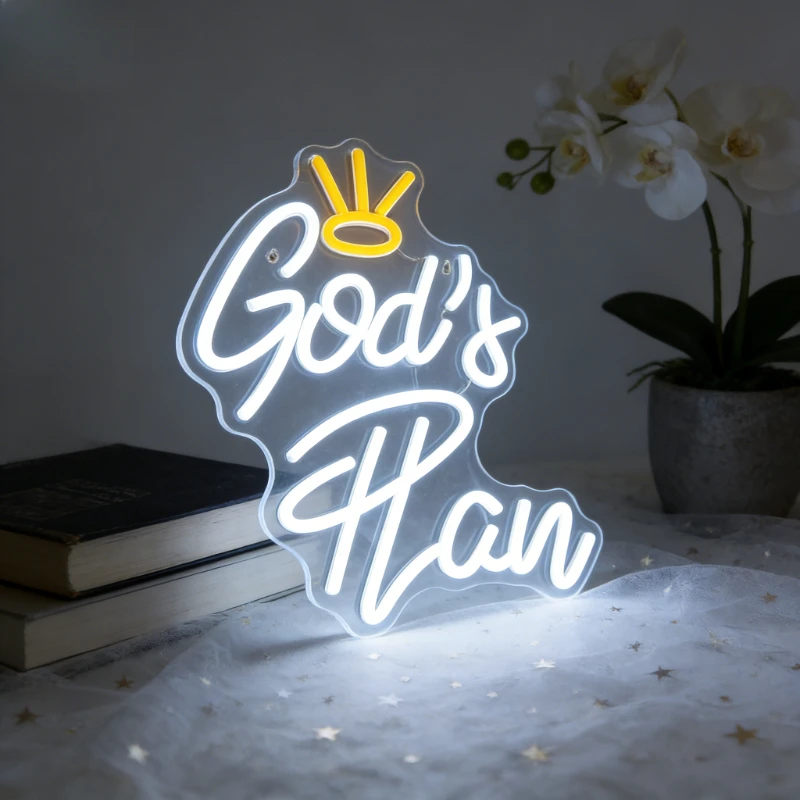 

God's Plan Neon Sign LED USB Night Light Aesthetic Wall Art Religious Decor for Christian Church Living Room Prayer Room Gift