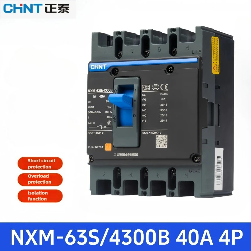 

Chint NXM-63S/4300B 4P Circuit Breaker 10A-63A Fixed Mount Front Wiring for Home/Industrial Use