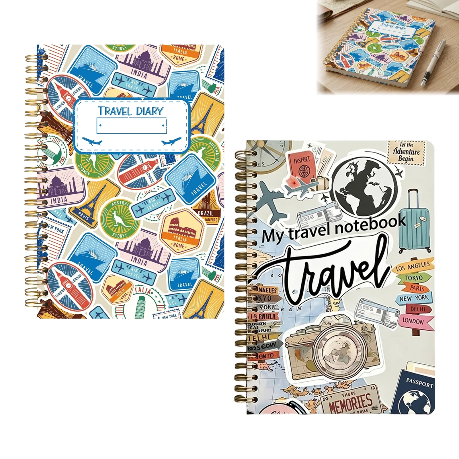 Spiral-Bound Travel Journal World Stamp-Collage-Cover High Quality Lined Paper 21x14cm for Travel Writing Daily Notes