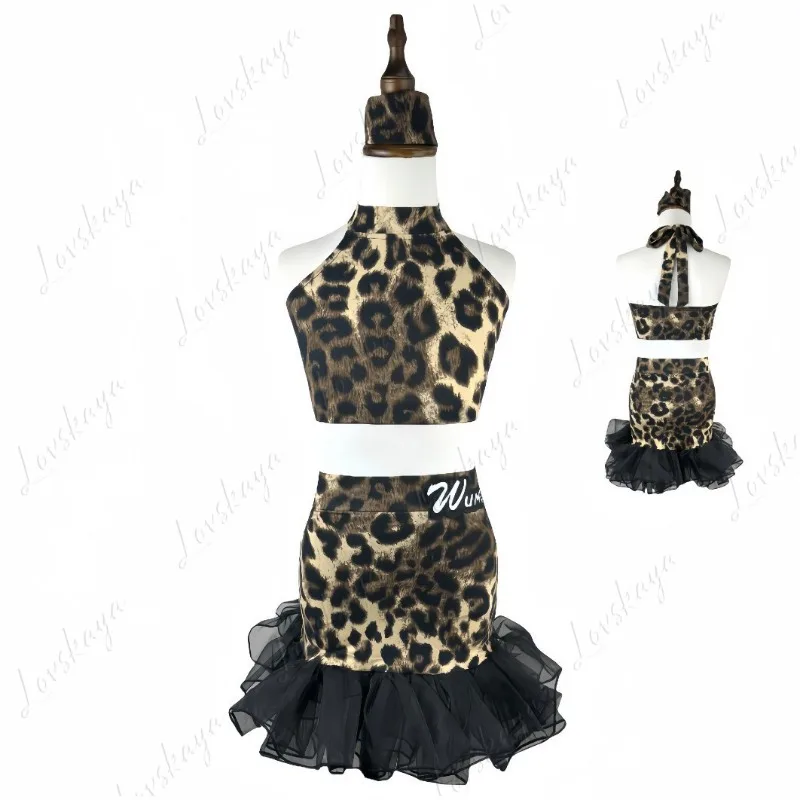 

Новая профессиональная одежда для латинских танцев для девочек, тренировочная одежда, высококачественный костюм с леопардовым принтом и разрезом на шее