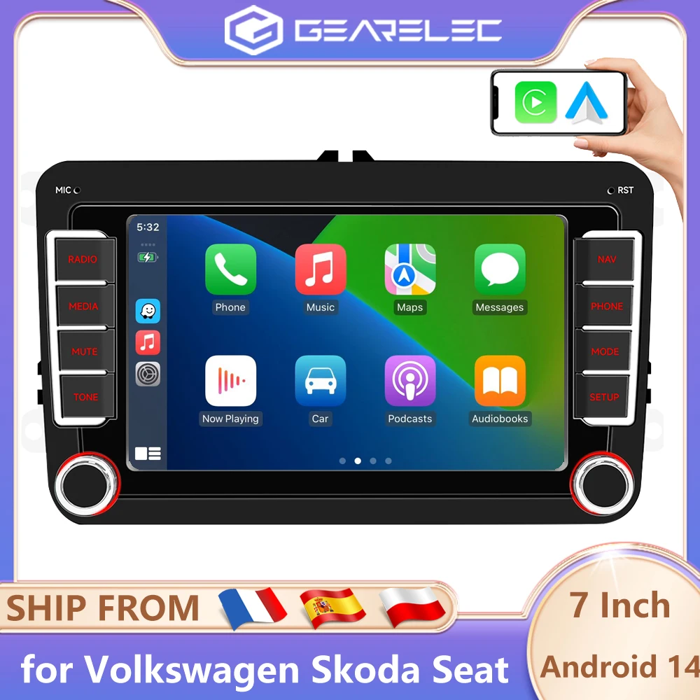 GEARELEC 2 DIN Autoradio mit Carplay für VW Volkswagen Skoda Octavia Golf 5 6 Touran Passat B6 Polo Jetta Android 14 2 Din Multimedia-Player Android Auto Autoradio