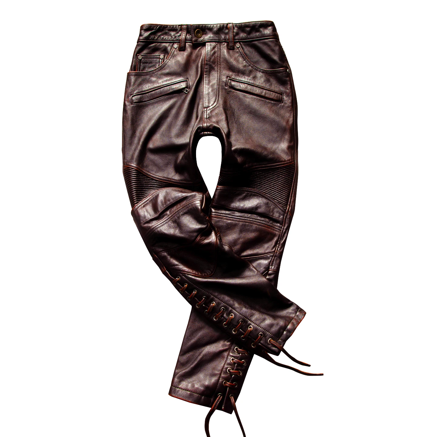 

Red Brown Winter Leather Trousers Men Retro Vintage Style Plus Size 5XL Genuine Natural Cowhide Motorcycle Leather Pants