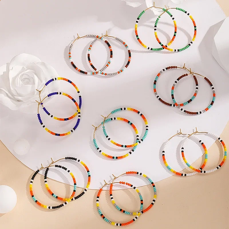 Circular Earrings  Hand knitting  Colorful  fashion  originality  Beading  Bohemia  geometry  alloy  female  Rice Bead Earrings