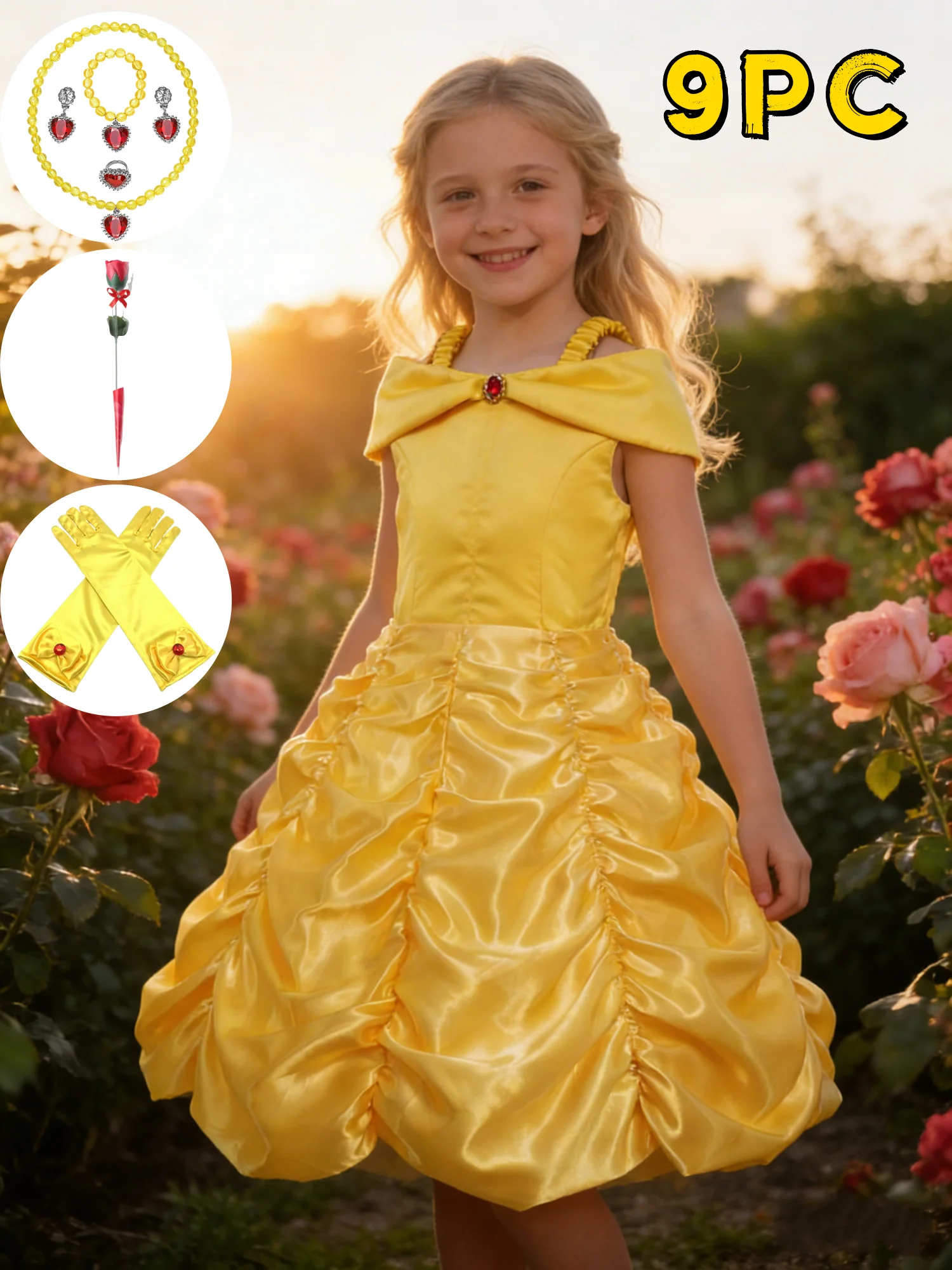 Vestido de Princesa Amarillo con Hombros Descubiertos para Niñas, Disfraz de Bella, Ropa para Fiestas de Carnaval, Cumpleaños, Bailes y Halloween