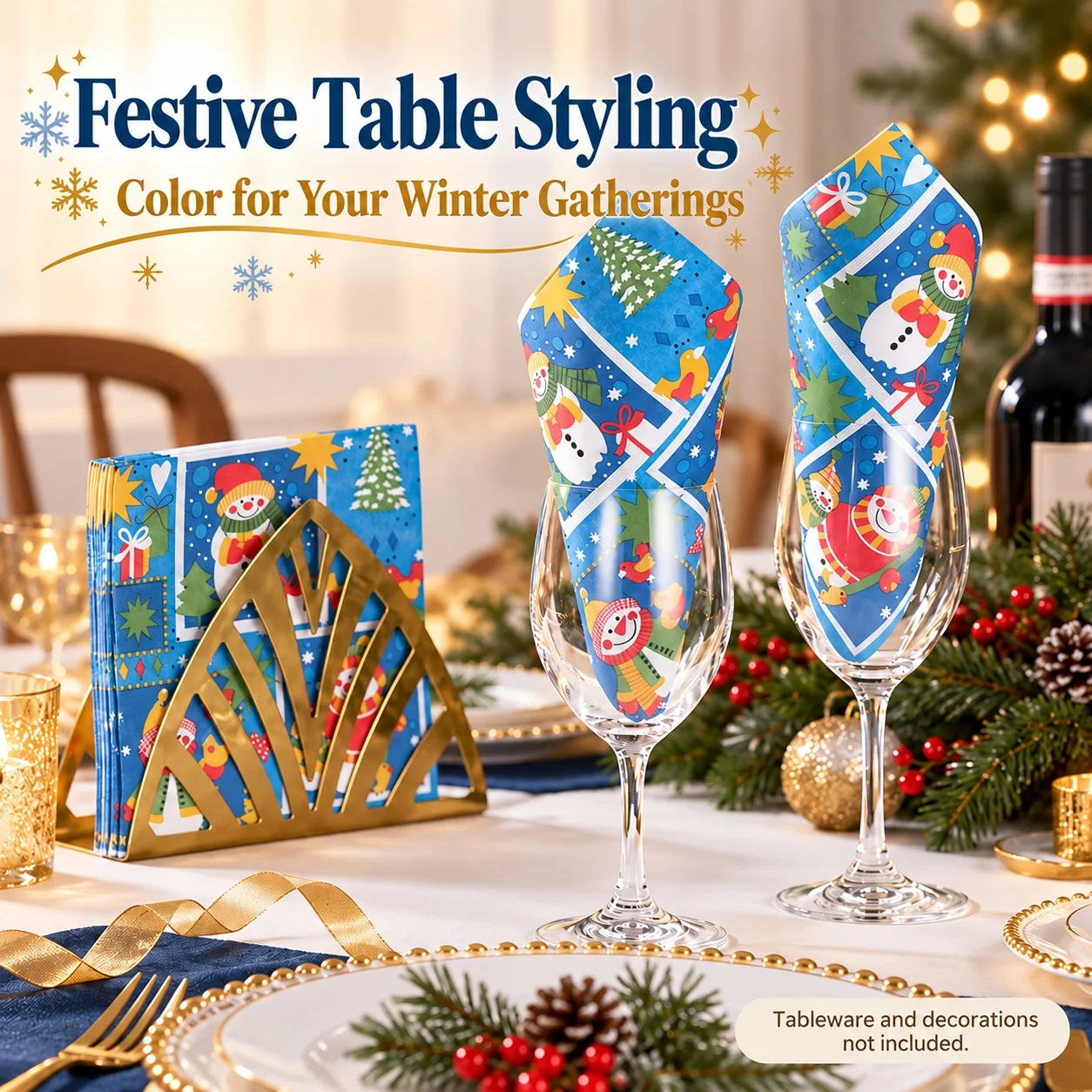 20pcs Christmas Snowman Paper Napkins 2-Ply 33x33cm Blue Printed Serviettes for Winter Holiday Party Table Decor