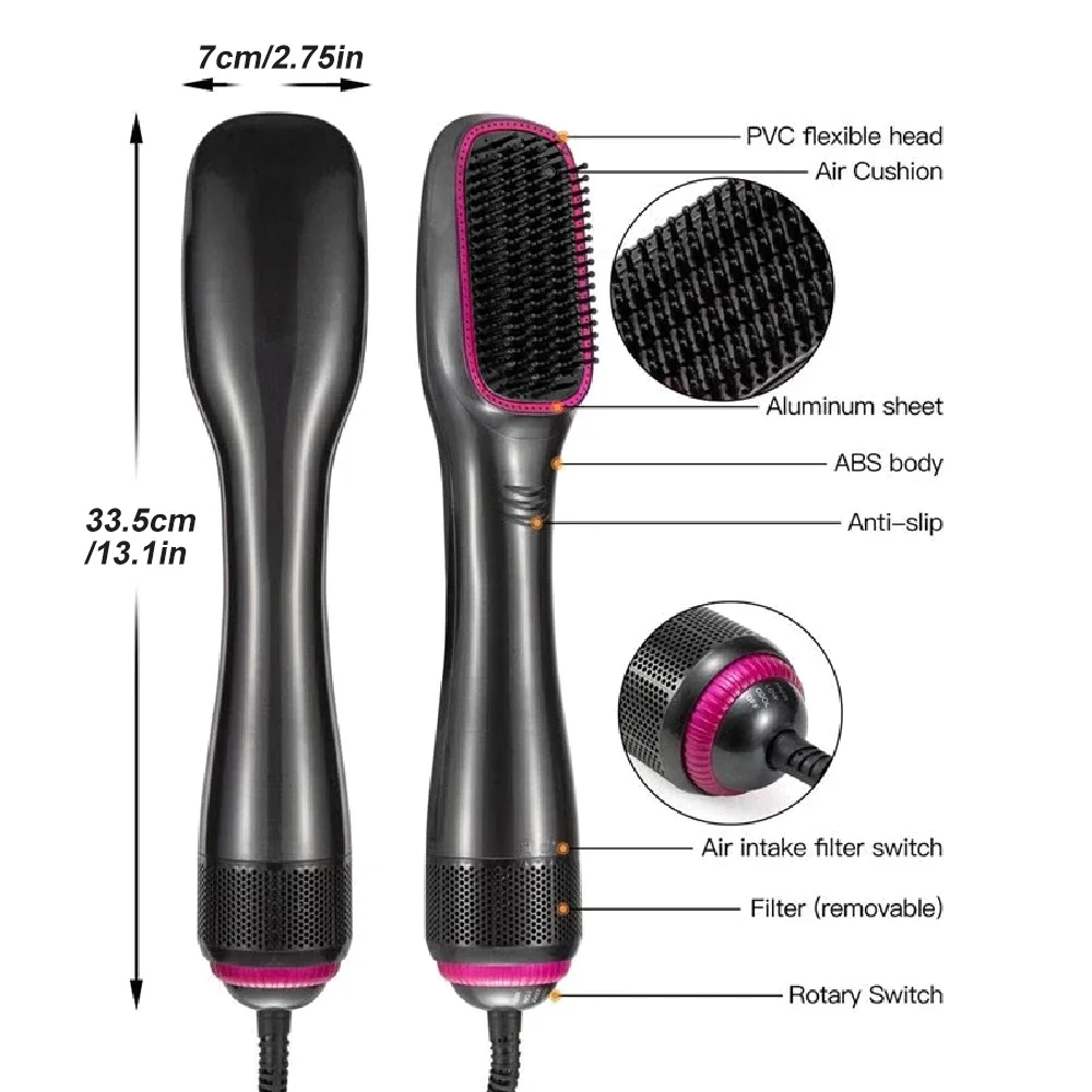 3-in-1 Negative Ionic Hot Air Brush, One Step Blow Dryer Styling Brush, Hair Dryer and Straightener for Curling