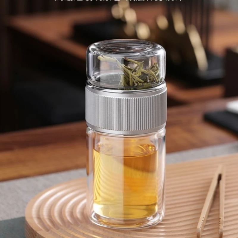 Tea separator cup, glass heat-resistant bubble tea cup, clear cup, men's portable double deck gift water cup