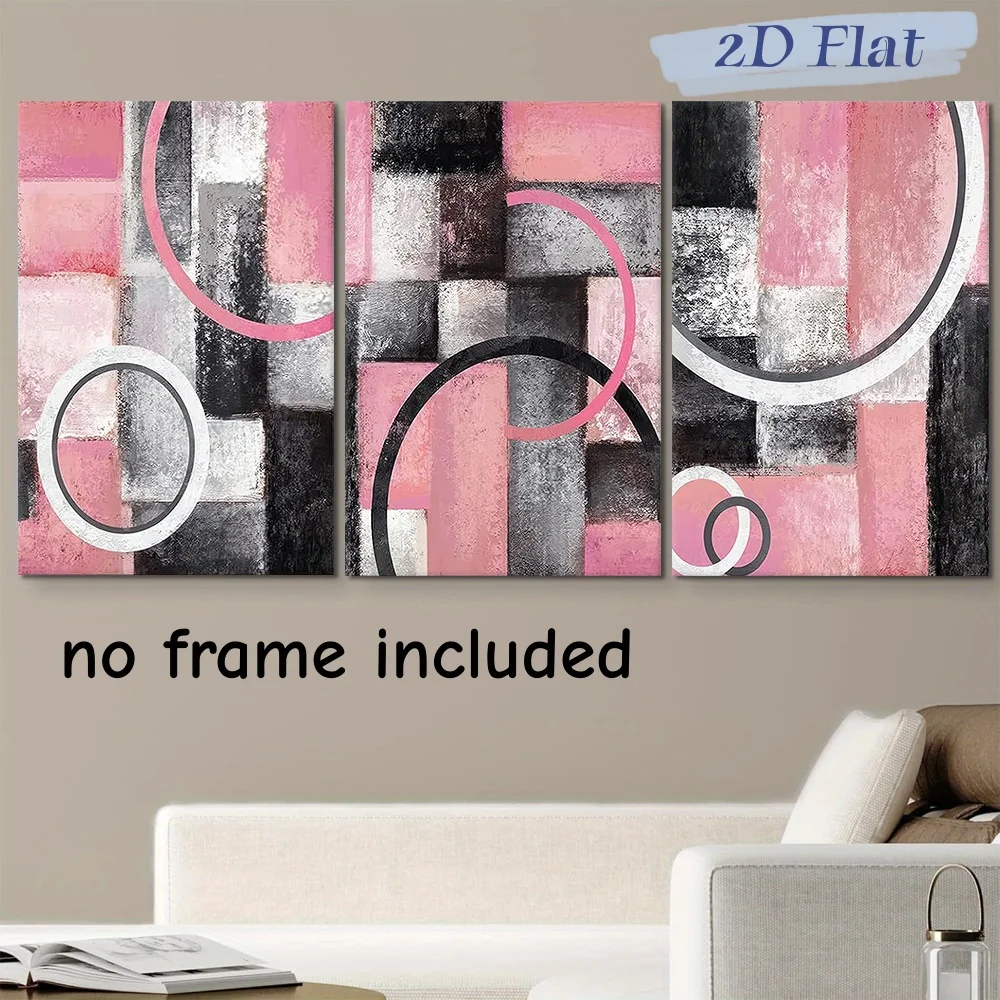 3-piece set of modern abstract geometric canvas hanging paintings, pink, gray, black, circular, square patterns, Nordic minimali