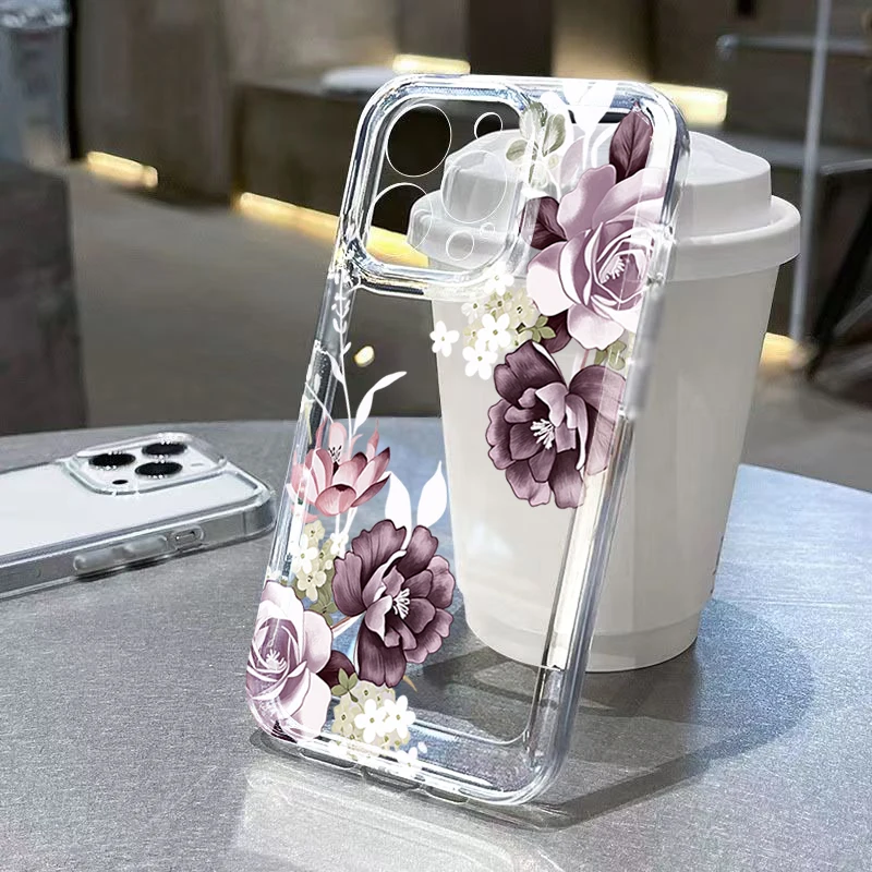 

Peony Flower Soft Phone Case For iPhone 17 16 15 Pro Max 14 13 12 11 16E 17E Air 7 8 Plus XS XR X Transparent TPU Silicone Cover