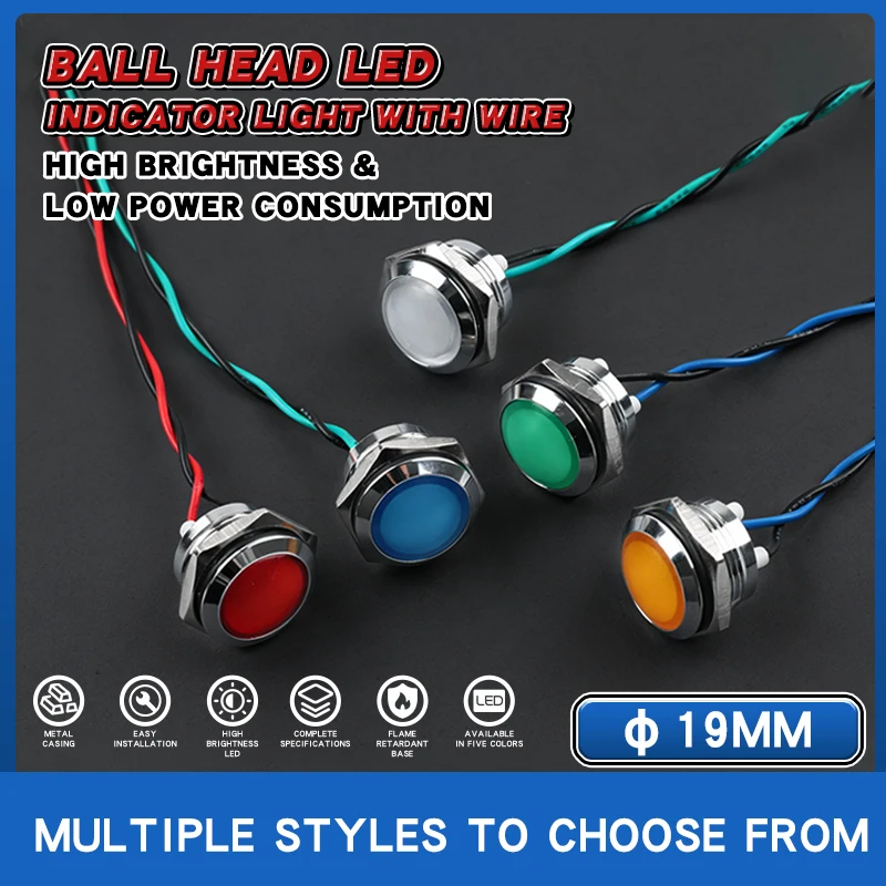 19MM Ball Head Metal Led Indicator Light With Wire IP65 Waterproof High Brightness Signal Lamp Red Green Yellow Blue White