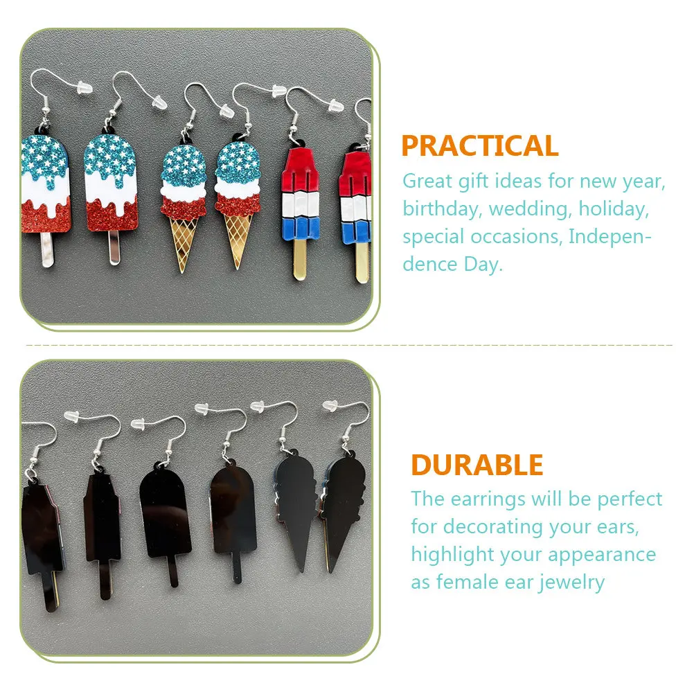 3Pair Ice Cream Earrings Patriotic Acrylic Lightweight Dangle Earrings for Fourth of July Birthday Prom Party