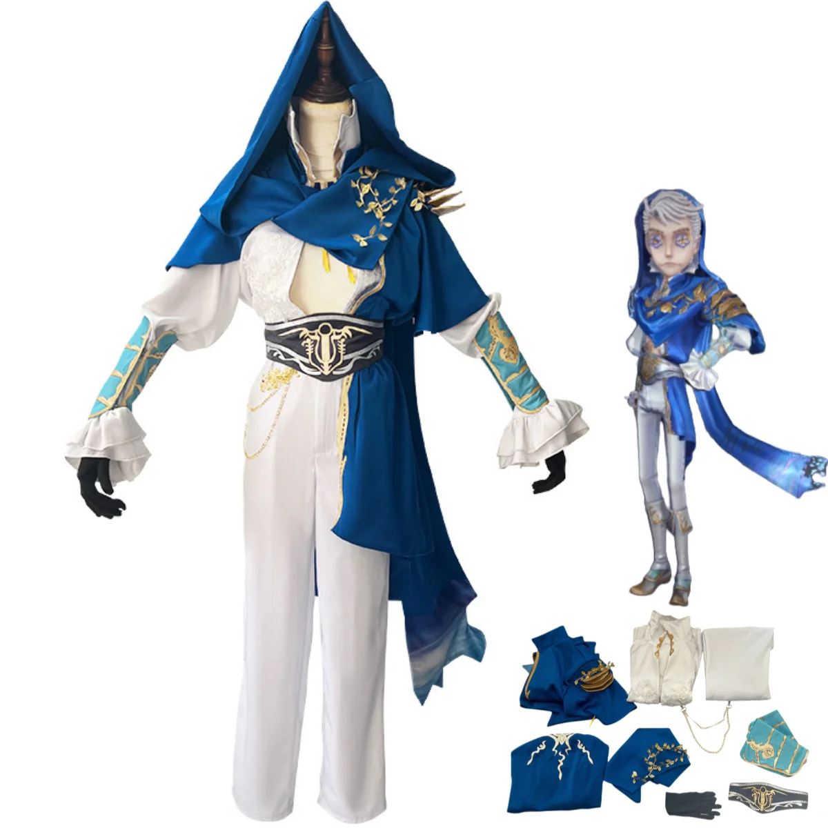 Anime Game Identity Ⅴ Naib Subedar Cosplay Costume Mercenary Blue Shawl White Shirt Uniform Full Set Man Woman Carnival Suit