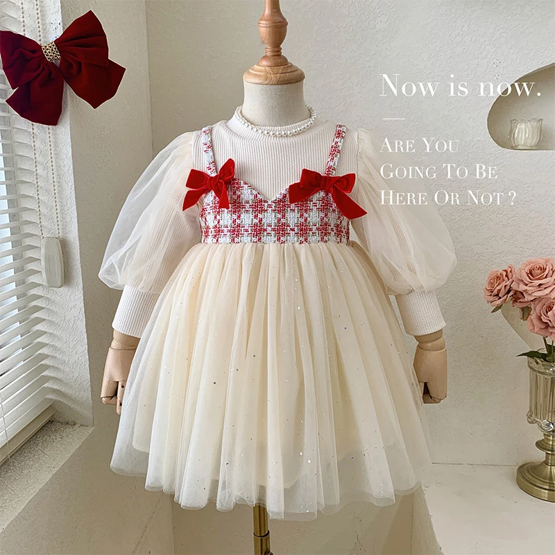 Princess Girls Dresses Long Sleeve Bow Tulle Dress for Baby Girls Spring Autumn Lace Dress Party Vestido Children Casual Clothes